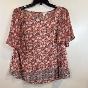 Lucky Brand pull over blouse‎ Short Sleeve Sz XL coral blue design